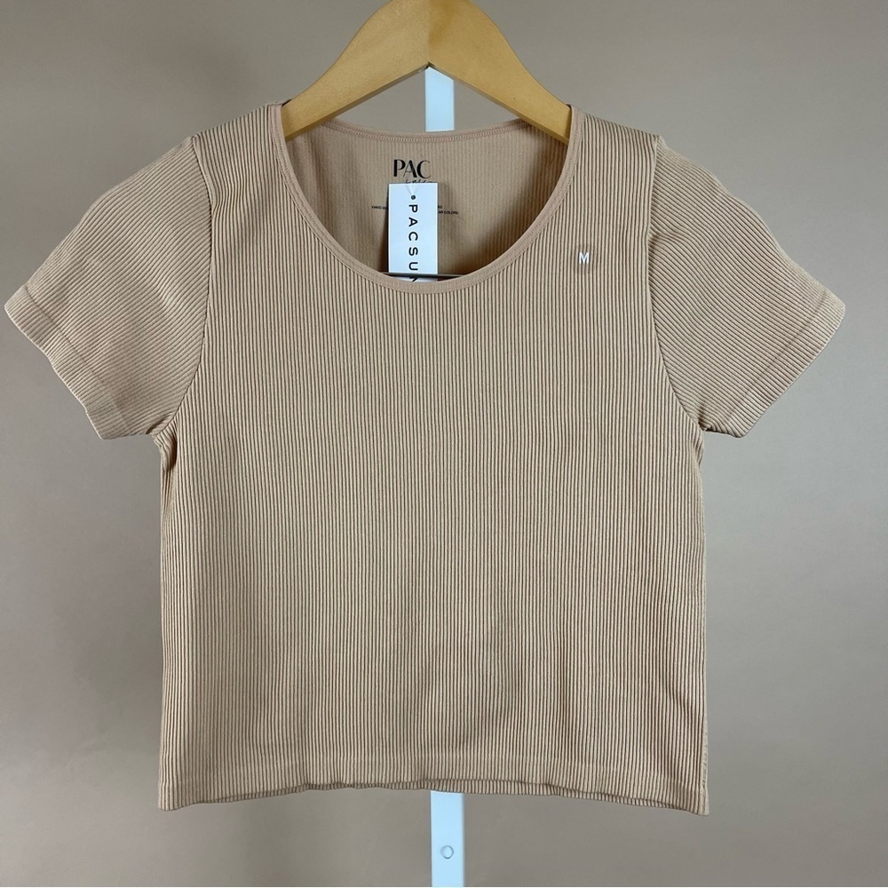 NEW PacCares PacSun Medium Ribbed Camel Tan Crop Tee Top Minimalist Neutral